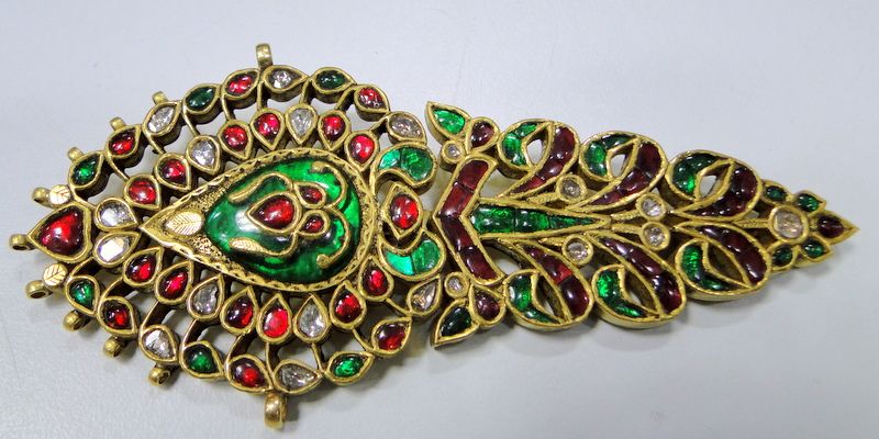 Antique Royal Gold Diamond Ruby Emerald Maharaja turban pin pendant 