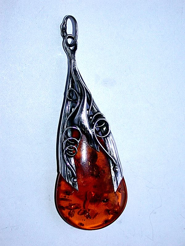 Art Nouveau Sterling Silver & Polish Amber Pendant NEW  