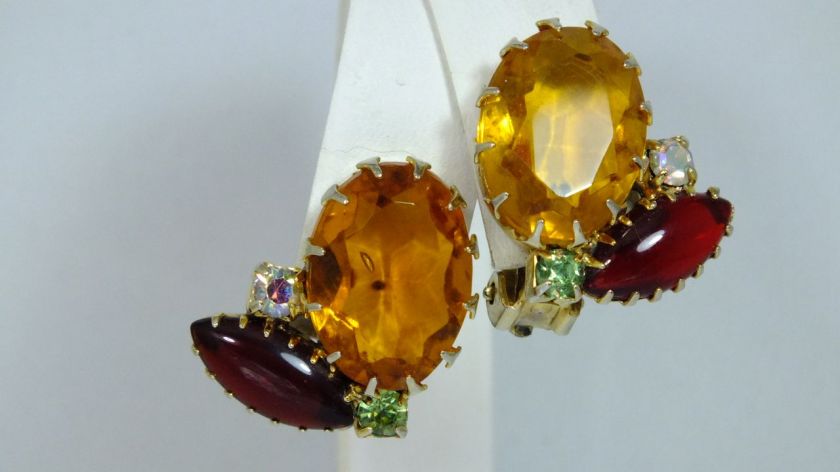 Vtg Juliana Citrine Cherry Navette Aurora Borealis Rhinestone Earrings 