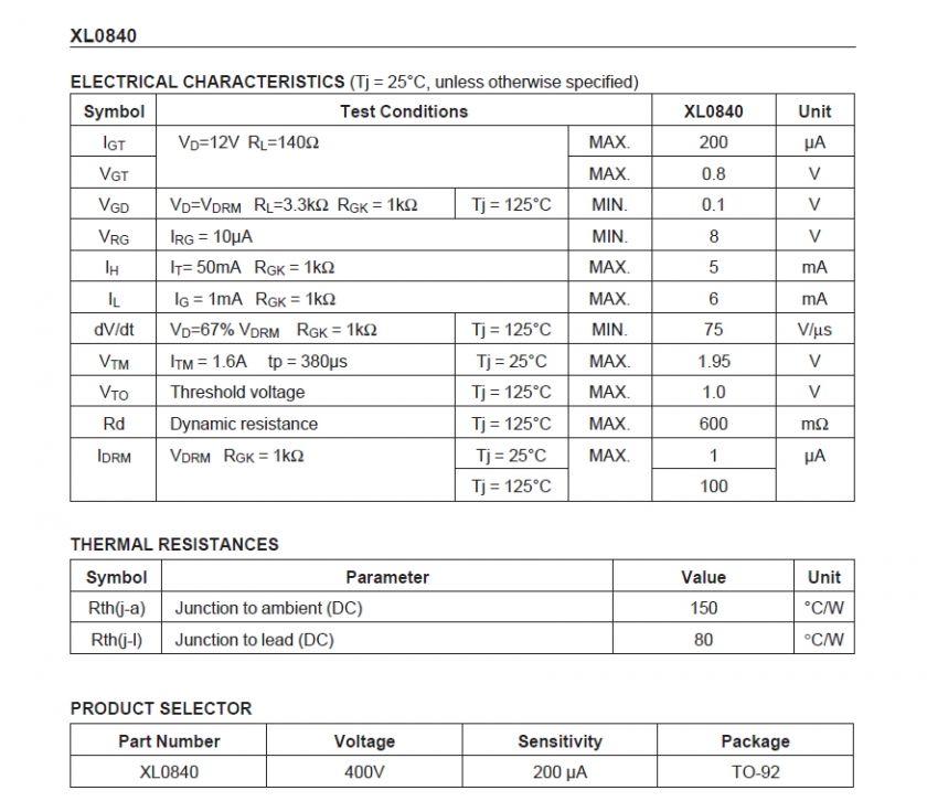 10 X XL0840 Pb Free RoHS SCR SENSITIVE GATE 0.8A 400V  