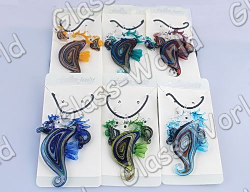 6sets Sea Horse Lampwork Glass Pendant Necklace+Earring  