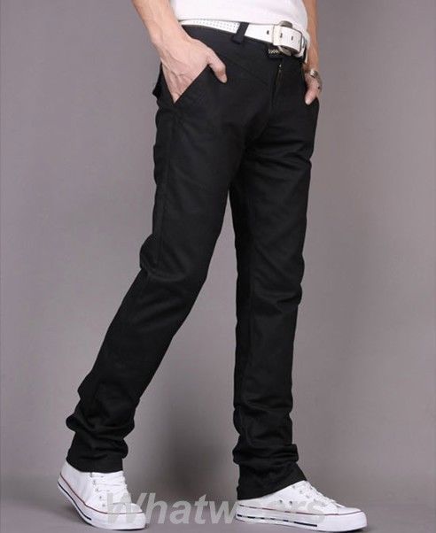 Mens Slim Casual Trousers Straight Leg Pants Black Z51  