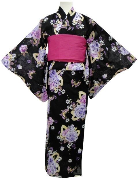 Japanese Black YUKATA with Large Purple Floral Pattern with Pre tied 