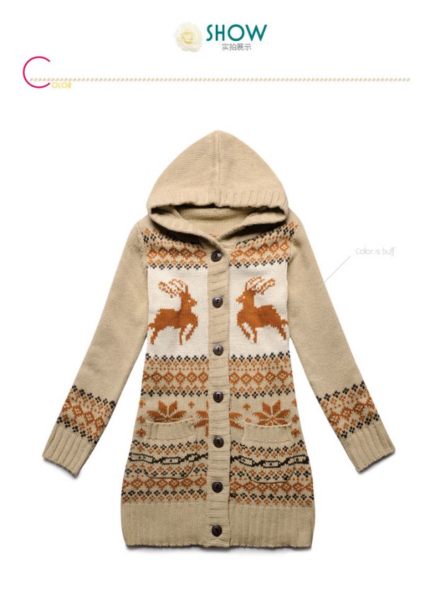 Xmas Reindeer LONG HOODED SWEATER COAT 1384  