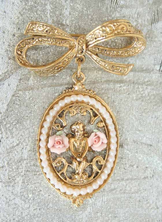 1928 80s Victorian Sim Porcelain Rose Cupid Brooch  