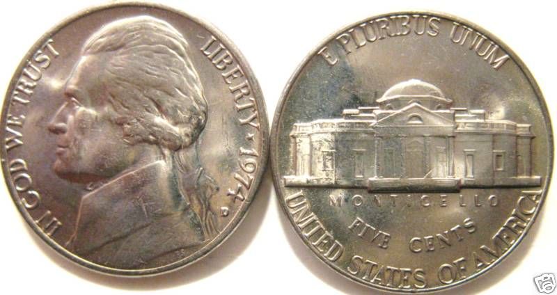 1974 D Gem Brilliant Uncirculated Jefferson Nickel  