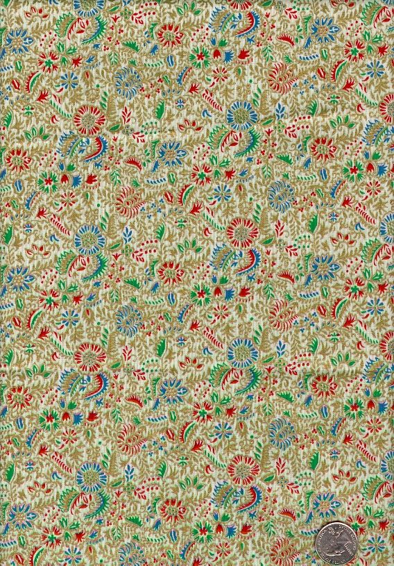 Small Scale Exotic Floral Vintage Fabric on White w Met Gold  