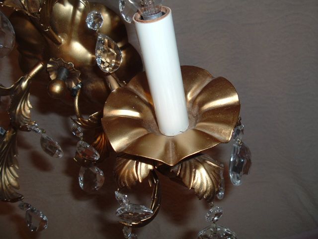 Vintage Gold Tole Wrought Iron Sconce w Prisms 2 Candle  