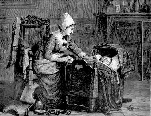 CHILDREN Nursing sleeping baby in crib.Old print. 1871  