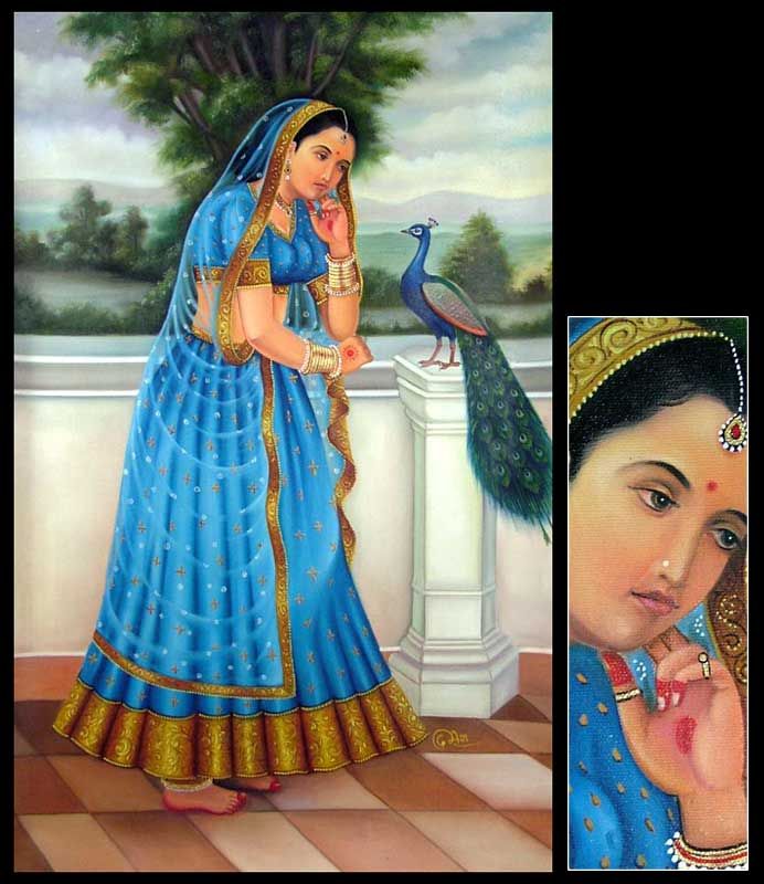 LONELY QUEEN~~Rajasthani Oil Painting~~India Art  