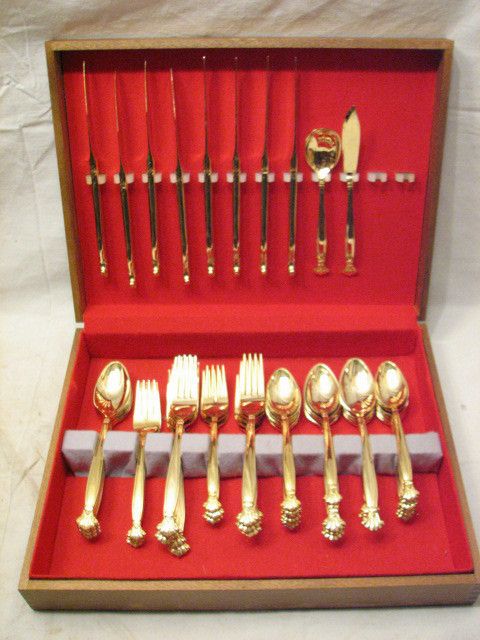 ROGERS TOPAZ GOLD PLATED FLAT WARE WOOD CASE BOX 50PC  