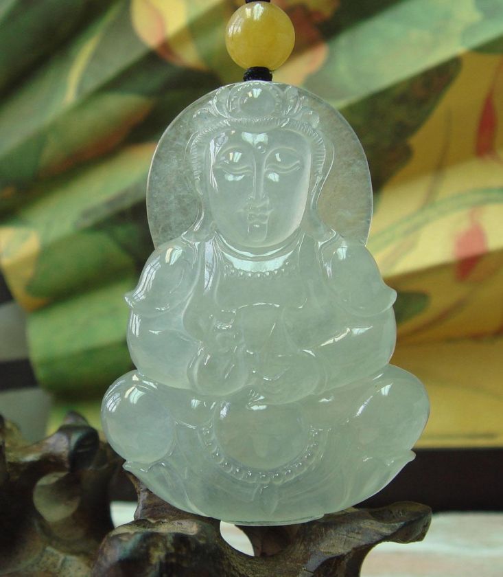 100% Natural Icy White A Jade Jadeite Guanyin God Pendant Necklace 