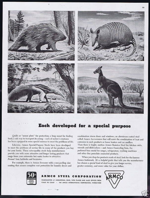 1950 Armco Steel Corporation Quills Armor Animals Ad  