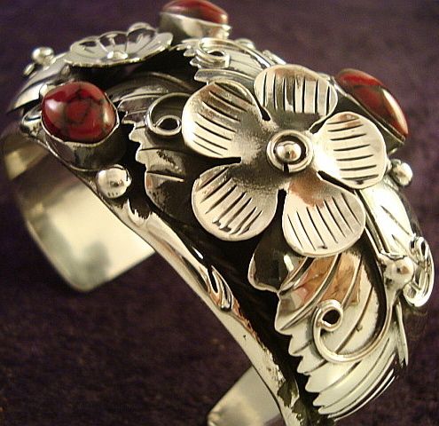 TAXCO MEXICAN 950 SILVER VINTAGE DESIGN JASPER FLORAL CUFF BRACELET 