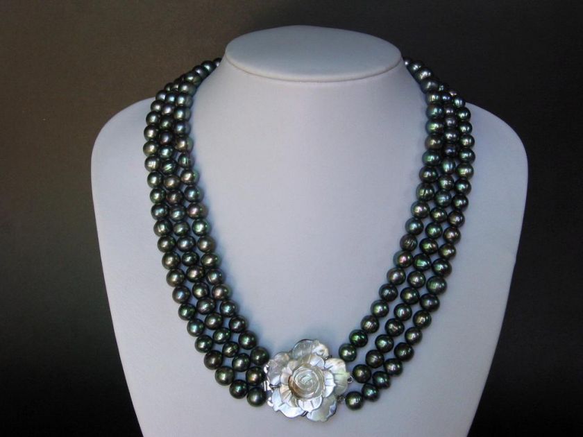 Necklace 3S FW Dark Gray Pearls Abalone Cameo Pendent  