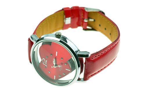 Red Heart Pattern Quartz Leather Watch with Diamonds and Strips for 