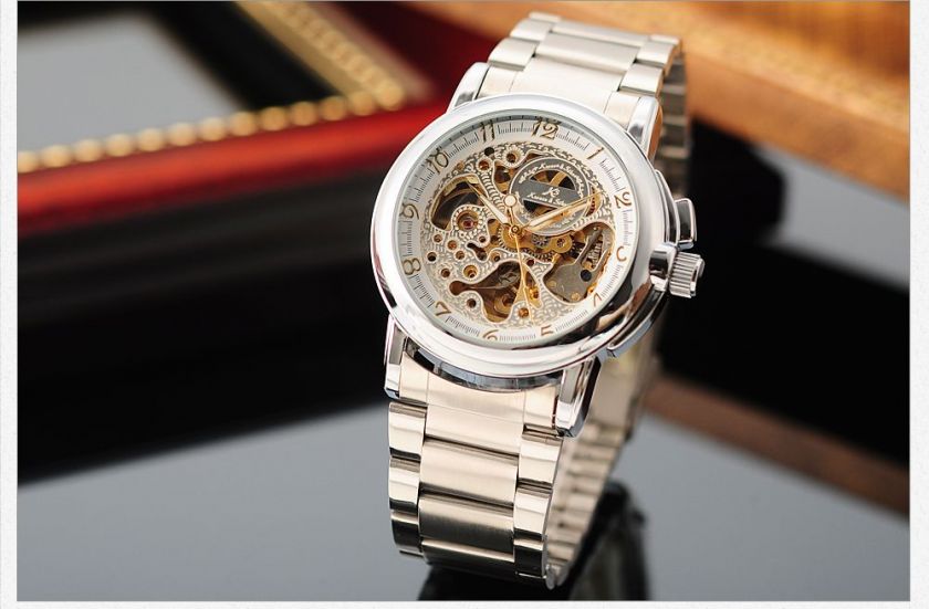 KS Automatic Hollow Silver Tone Mechanical Skeleton Mens Sport Watch 