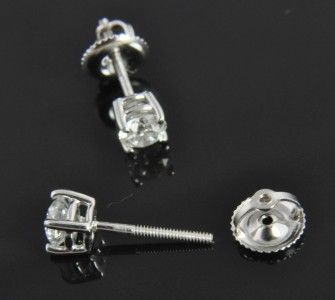 14K White Gold .60 CT Solitaire Round Diamond Stud Post Earrings F VS 