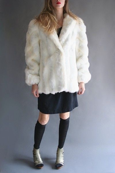   FOX FUR COAT L XL White Rabbit Jacket Chubby Vegan Leather Glam  