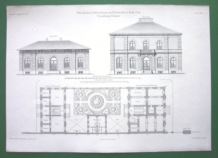 ARCHITECTURAL PRINT   Hungary Budapest Slaughterhouse Admin Bldg 