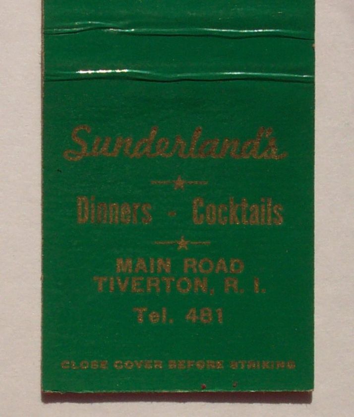 1950s Matchbook Sunderlands Dinners Tiverton RI MB  