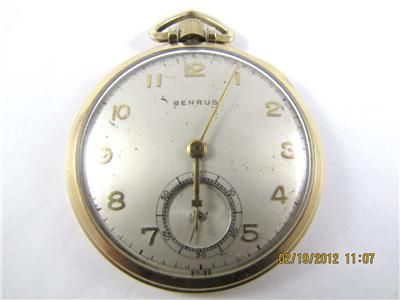 Vintage Rare BENRUS Pocket Watch 17J O.F Very Thin Swiss Gold Working 