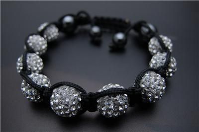 BLACK LINE WHITE CRYSTAL 10MM DISCO 9 BALL BEAD SHAMBALLA ADJUSTABLE 