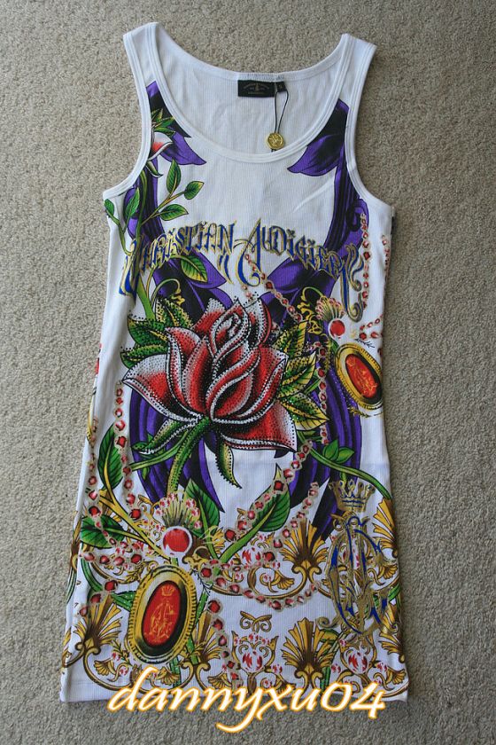 Christian Audigier WHITE Womans Rose LONG TANK TOP NWT  