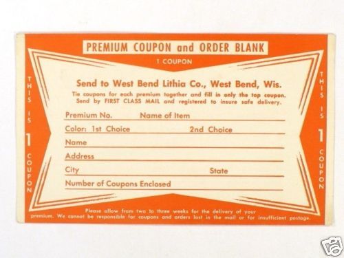 1960s West Bend Lithia Beer 1 Premium Coupon Blank Red  