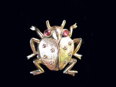 Vtg Trifari Sterling Bug Tack Pin Red Glass Cab Eyes  