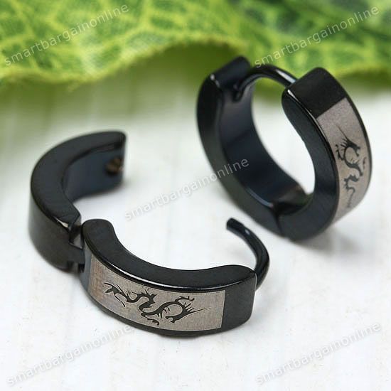   Punk Dragon Black Stainless Steel Hoop Huggie Earrings #C002  