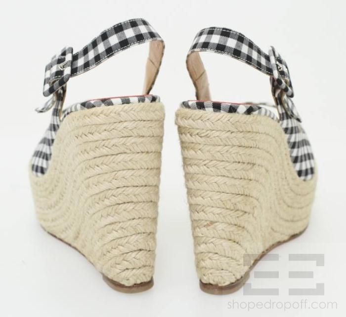   Louboutin Black & White Gingham Canvas Espadrille Wedges Size 38 NEW