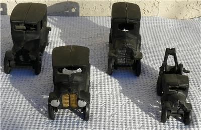 CAST IRON Set 4 Model A Coupe, 2 Sedans & Wrecker Tow Truck GR8 1970s 