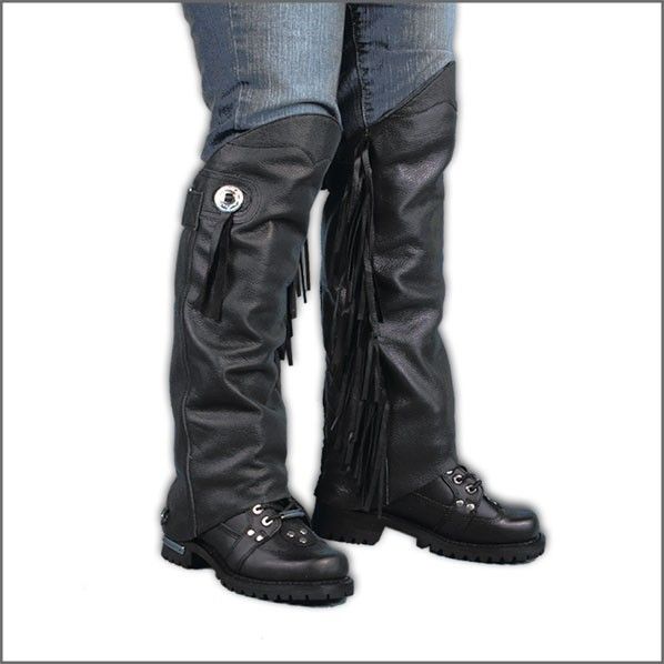 MOTORCYCLE BIKER LEATHER LEG WARMER CHAP CONCHO FRINGE  