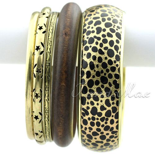 New Set of 5 Antiqued Brass Leopard Print Bangles G129  