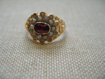 Georgian 18ct Gold Almandine Garnet & Seedpearl Ring  