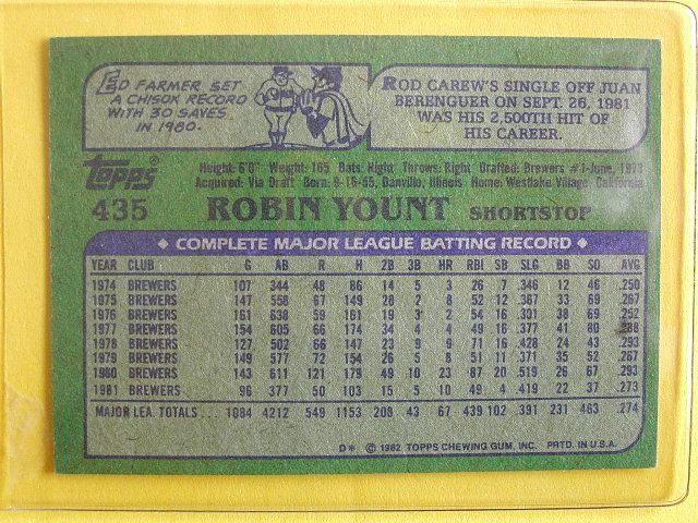 1982 TOPPS Robin Yount Brewers Shortstop Card #435 MINT  