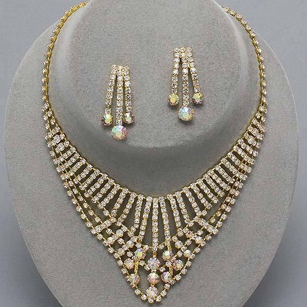 Gold Stick Clear AB Rhinestone Earrings Necklace Set  