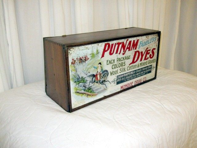 Antique Table Top Cabinet w Advertising Putnam Fadeless Dye Great 