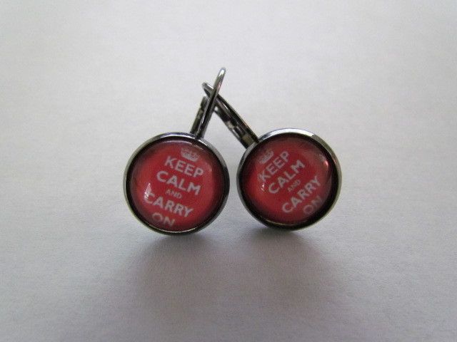 KEEP CALM AND CARRY ON RED BUBBLE LEVERBACK EARRINGS  