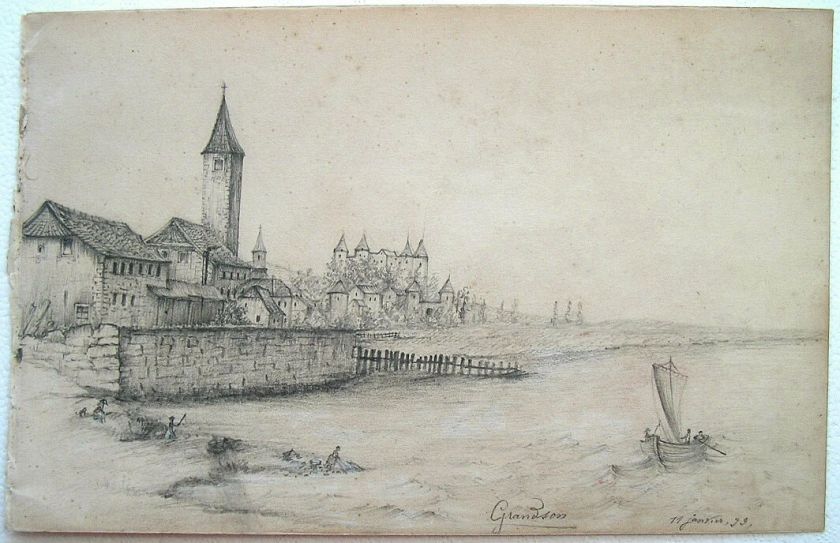 FINE ANTIQUE DRAWING 1899 EUROPEAN SEASIDE HARBOR  