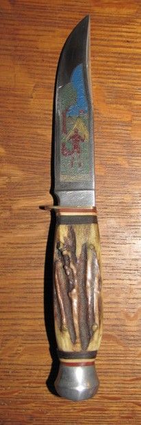 Old KRONENKREBS Solingen Germany ETCHED STAG KNIFE Scout Camp BSA 