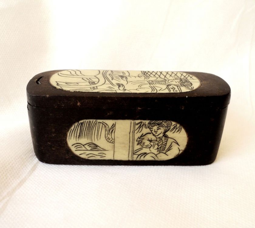 Vintage Chinese Artwork, Old Wooden Box Inlay Ox Bone  