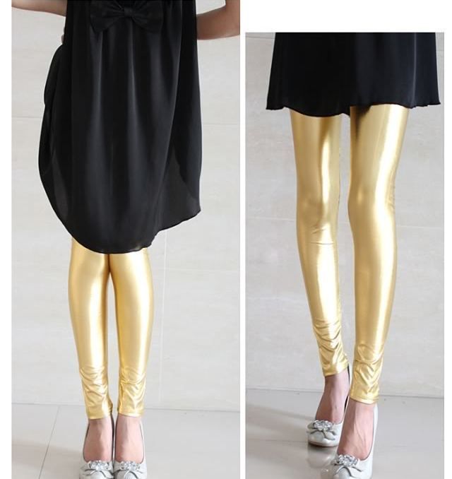 New rock Gold PU Shiny girl Tights Leggings Pants S M  