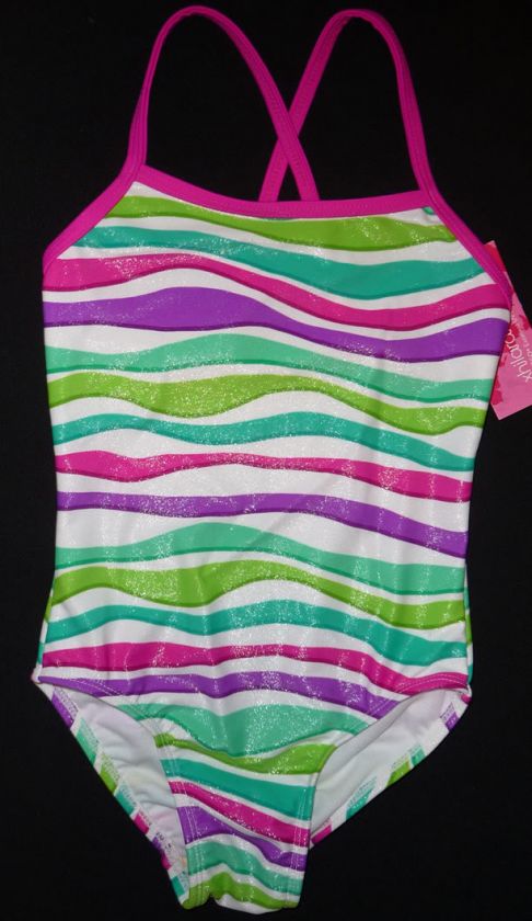 NWT GIRLS SWIMSUIT White Stripes SHIMMER UPF 50+ Bathing Suit 1 PC NEW 