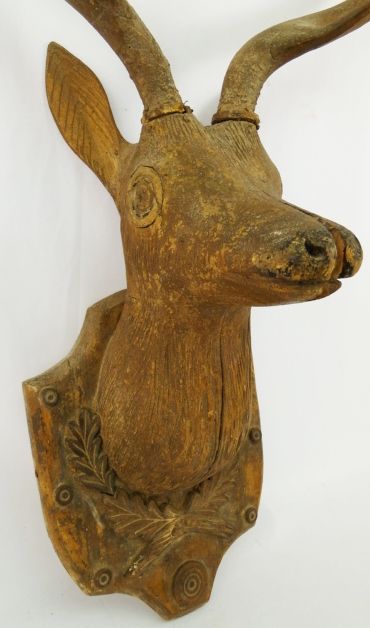   19th C. Large Black Forest Folk Art Carved Deer Head Mount Figure