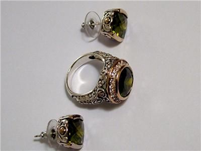 Green Tourmaline 925 Silver Ring Sz7.5 &T Earrings 14k Gold Accents 