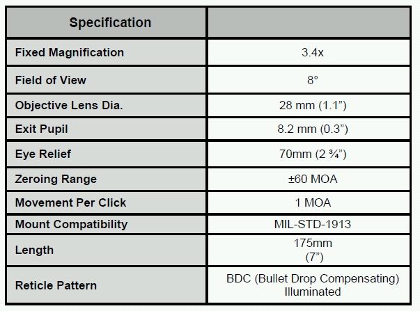   SpecterOS 3.4x 28mm Optical Sight suitable for 5.56mm or 7.62mm  