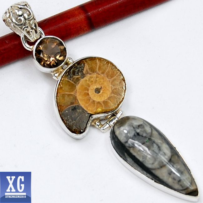 SP46827 AMMONITE,SMOKY TOPAZ & ORTHOCRASE 925 STERLING SILVER PENDANT 