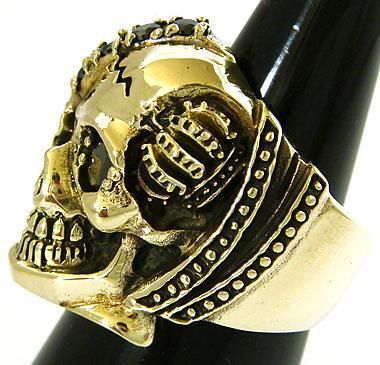 GEMS SKULL CROWN BLACK STAR GOLD BRASS MENS RING 8.75  